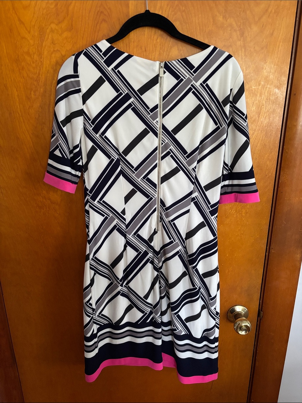Vince Camuto White Navy Geometric Asymmetrical Dress with Pink Accents - Picture 3 of 5